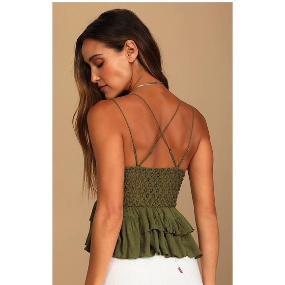 Free People Adella Cami Olive Green Lace Ruffled Tank Top Womens Small New - Picture 3 of 9